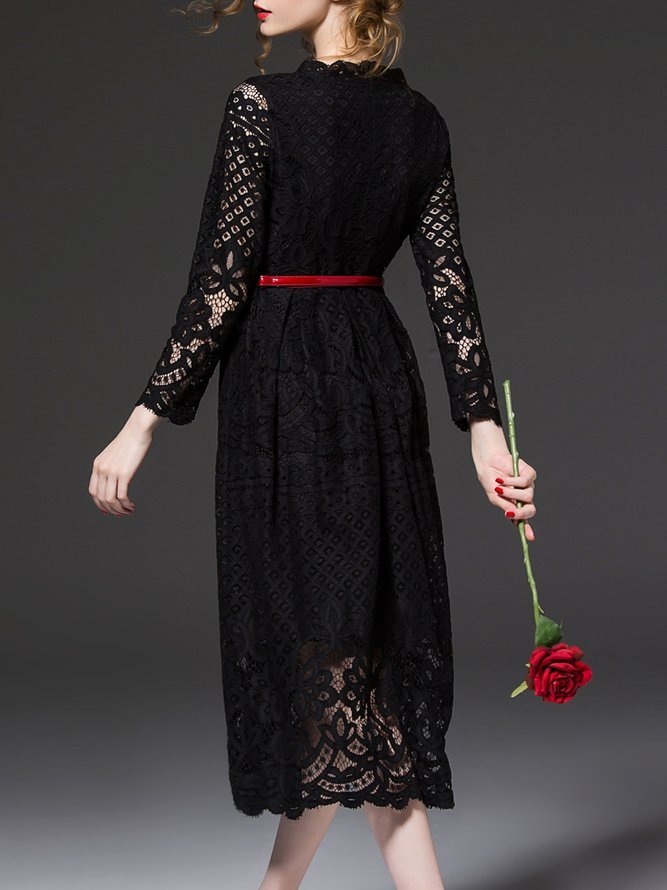 Floral Stand Collar Vintage Long Sleeve Guipure Lace Midi Dress
